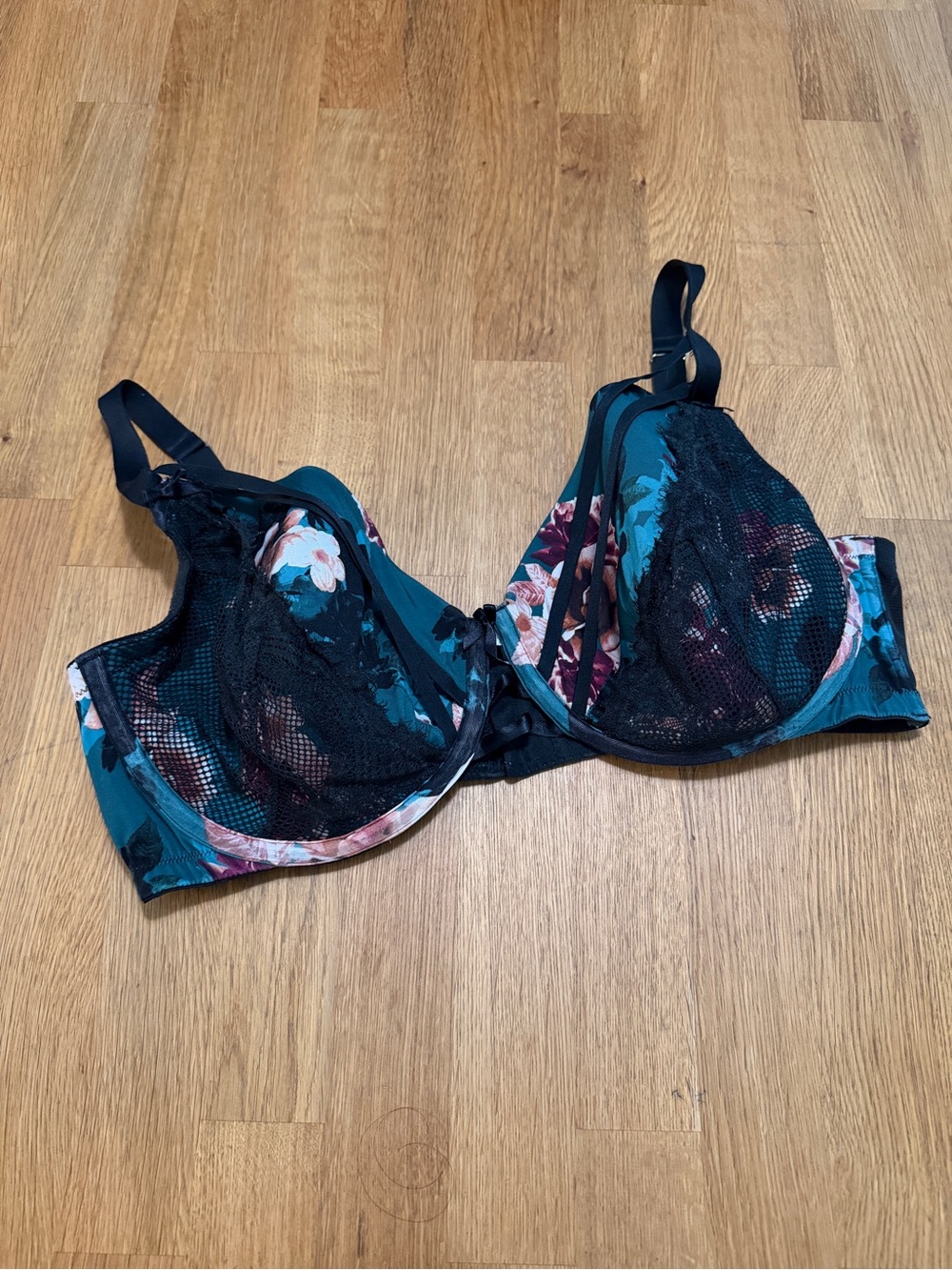Cacique 40DDD Teal Black Floral Lace Lightly Lined Balconette Bra